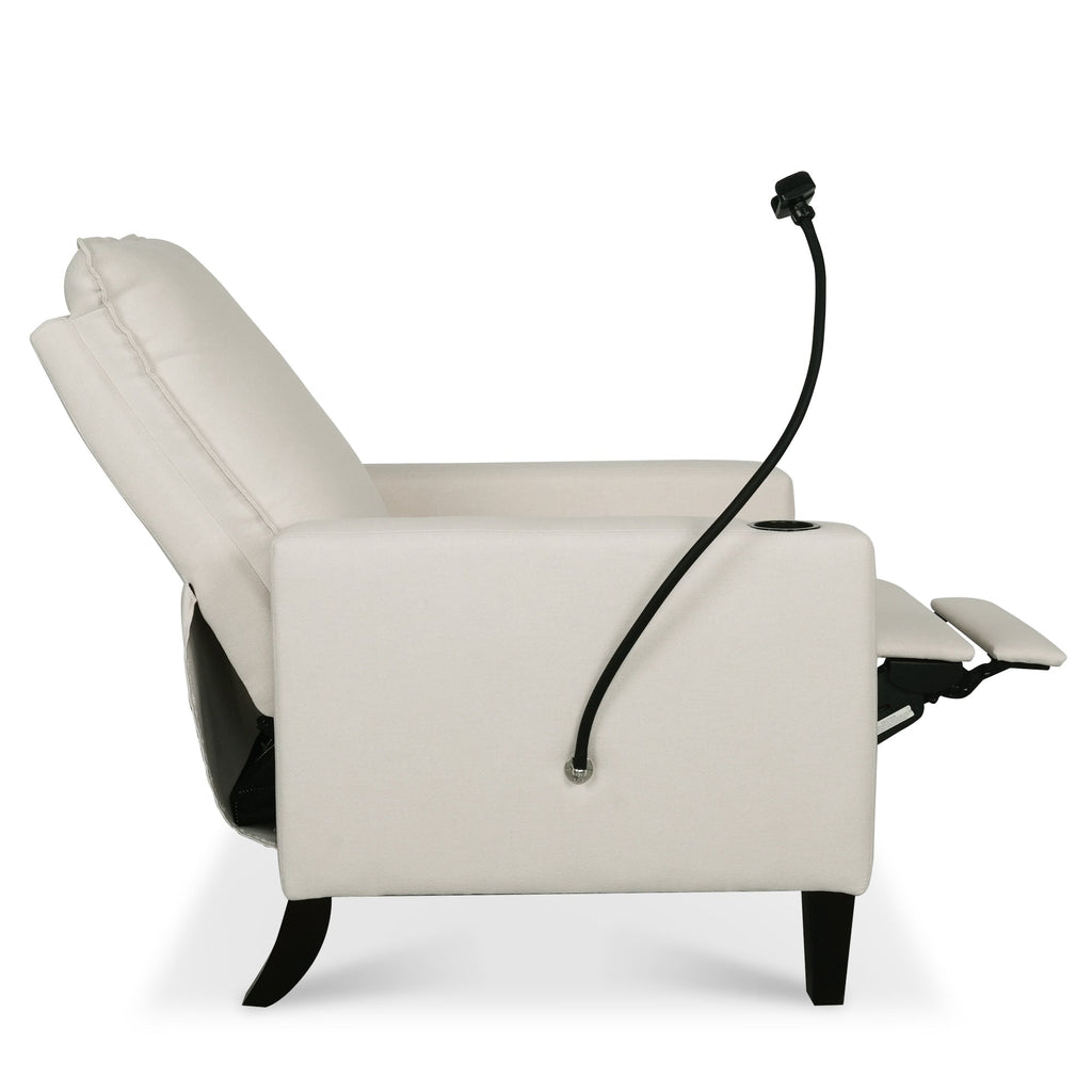 Fauteuil inclinable manuel moderne en tissu beige avec support pour téléphone portable, porte-gobelet et repose-pieds