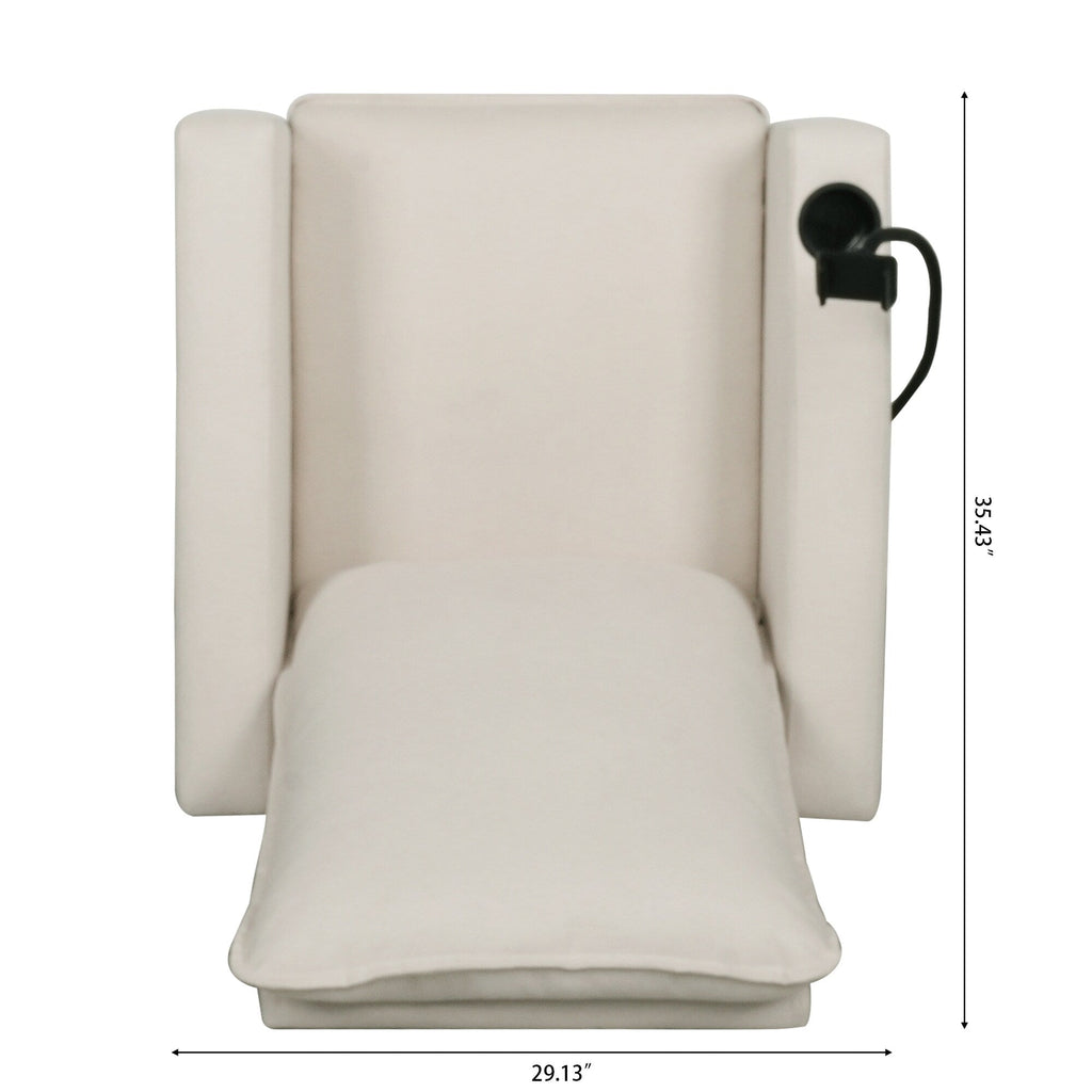 Fauteuil inclinable manuel moderne en tissu beige avec support pour téléphone portable, porte-gobelet et repose-pieds