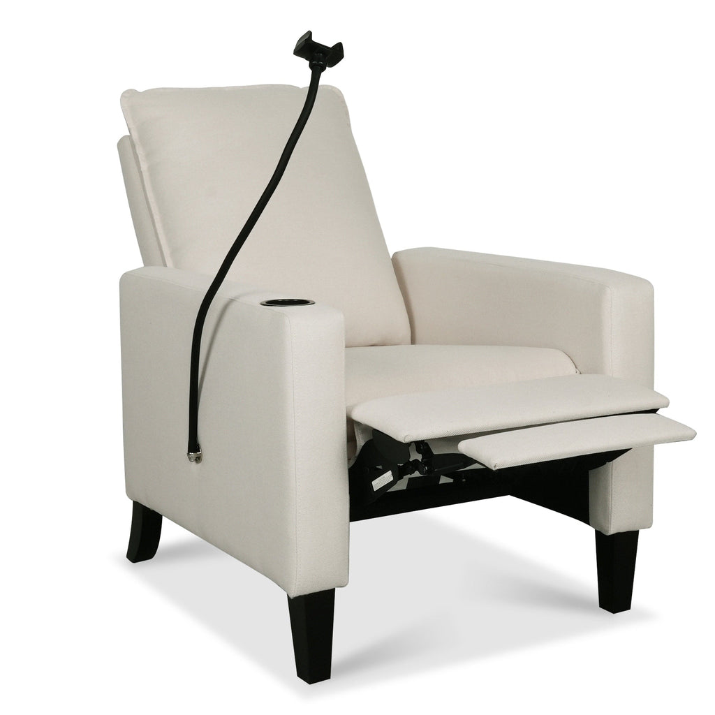 Fauteuil inclinable manuel moderne en tissu beige avec support pour téléphone portable, porte-gobelet et repose-pieds