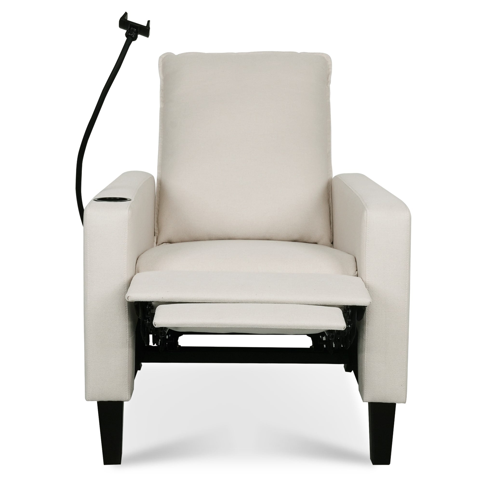 Fauteuil inclinable manuel moderne en tissu beige avec support pour téléphone portable, porte-gobelet et repose-pieds