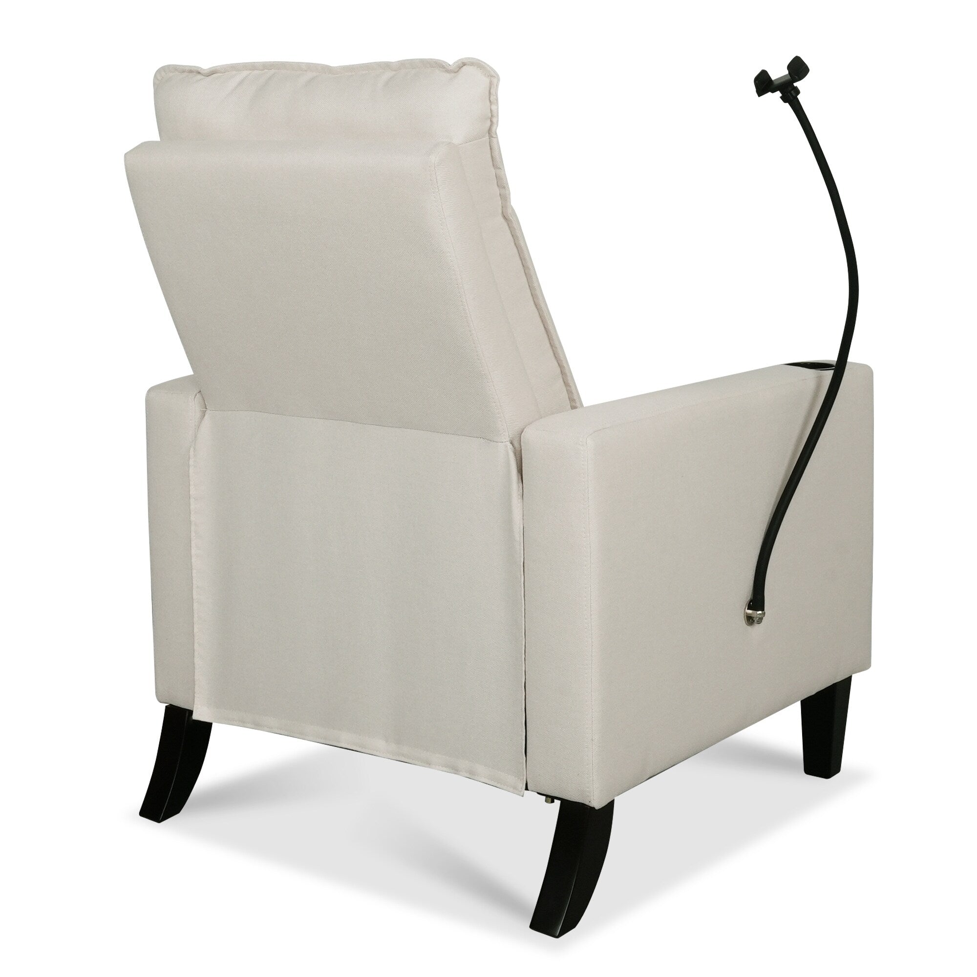 Fauteuil inclinable manuel moderne en tissu beige avec support pour téléphone portable, porte-gobelet et repose-pieds