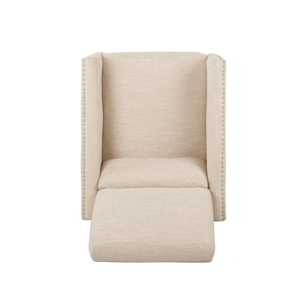 Fauteuil inclinable moderne en tissu beige avec repose-pieds, clous décoratifs et pieds en bouleau