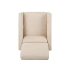 Fauteuil inclinable moderne en tissu beige avec repose-pieds, clous décoratifs et pieds en bouleau