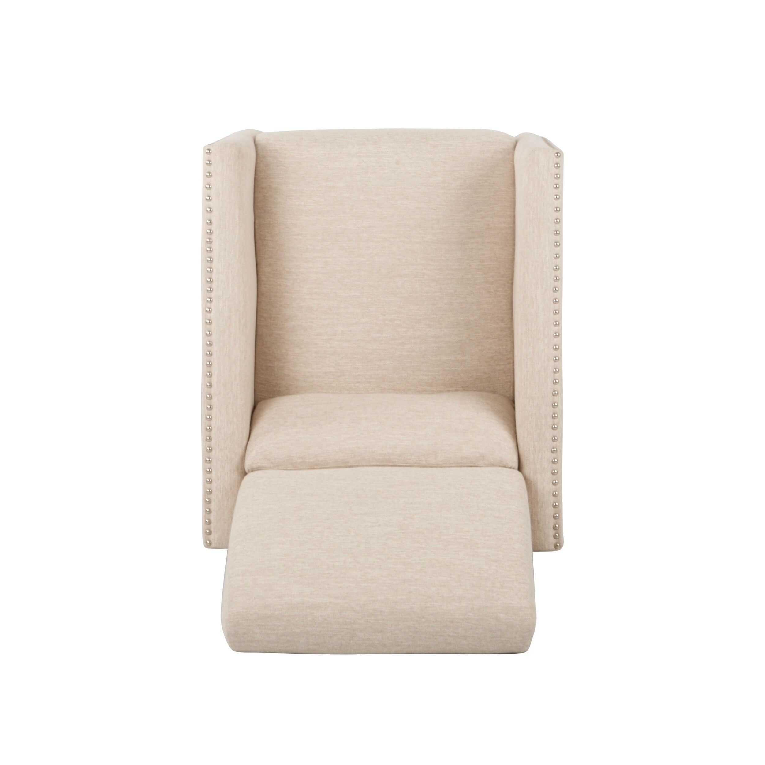 Fauteuil inclinable moderne en tissu beige avec repose-pieds, clous décoratifs et pieds en bouleau