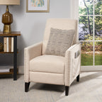 Fauteuil inclinable moderne en tissu beige avec repose-pieds, clous décoratifs et pieds en bouleau