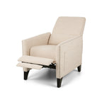 Fauteuil inclinable moderne en tissu beige avec repose-pieds, clous décoratifs et pieds en bouleau