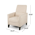 Fauteuil inclinable moderne en tissu beige avec repose-pieds, clous décoratifs et pieds en bouleau