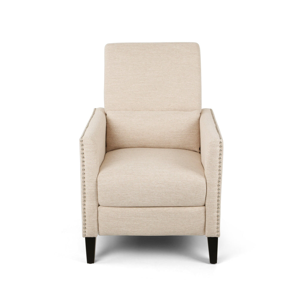 Fauteuil inclinable moderne en tissu beige avec repose-pieds, clous décoratifs et pieds en bouleau