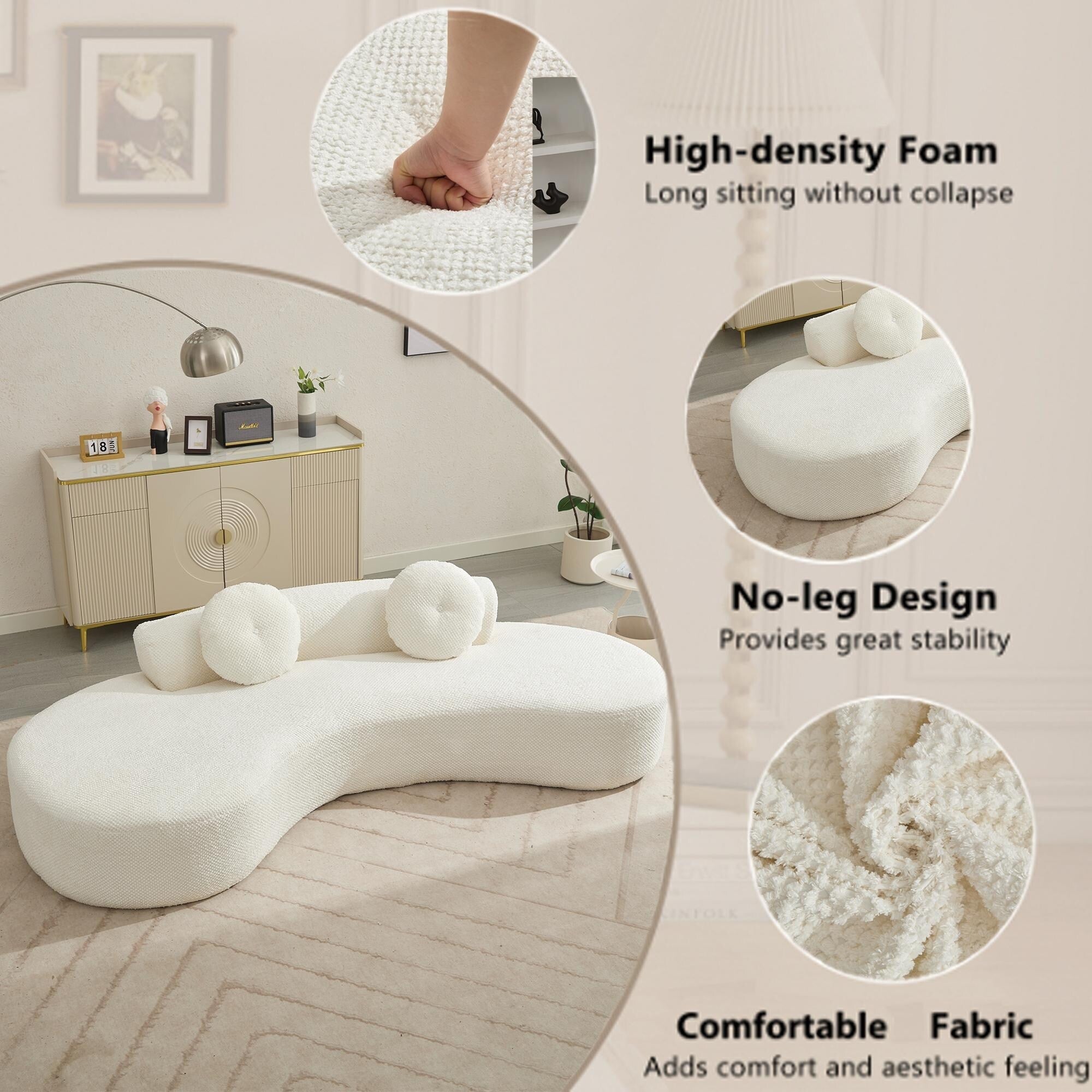 Canapé nuage beige moderne minimaliste 105,5 en velours côtelé incurvé avec 2 coussins, aucun assemblage requis