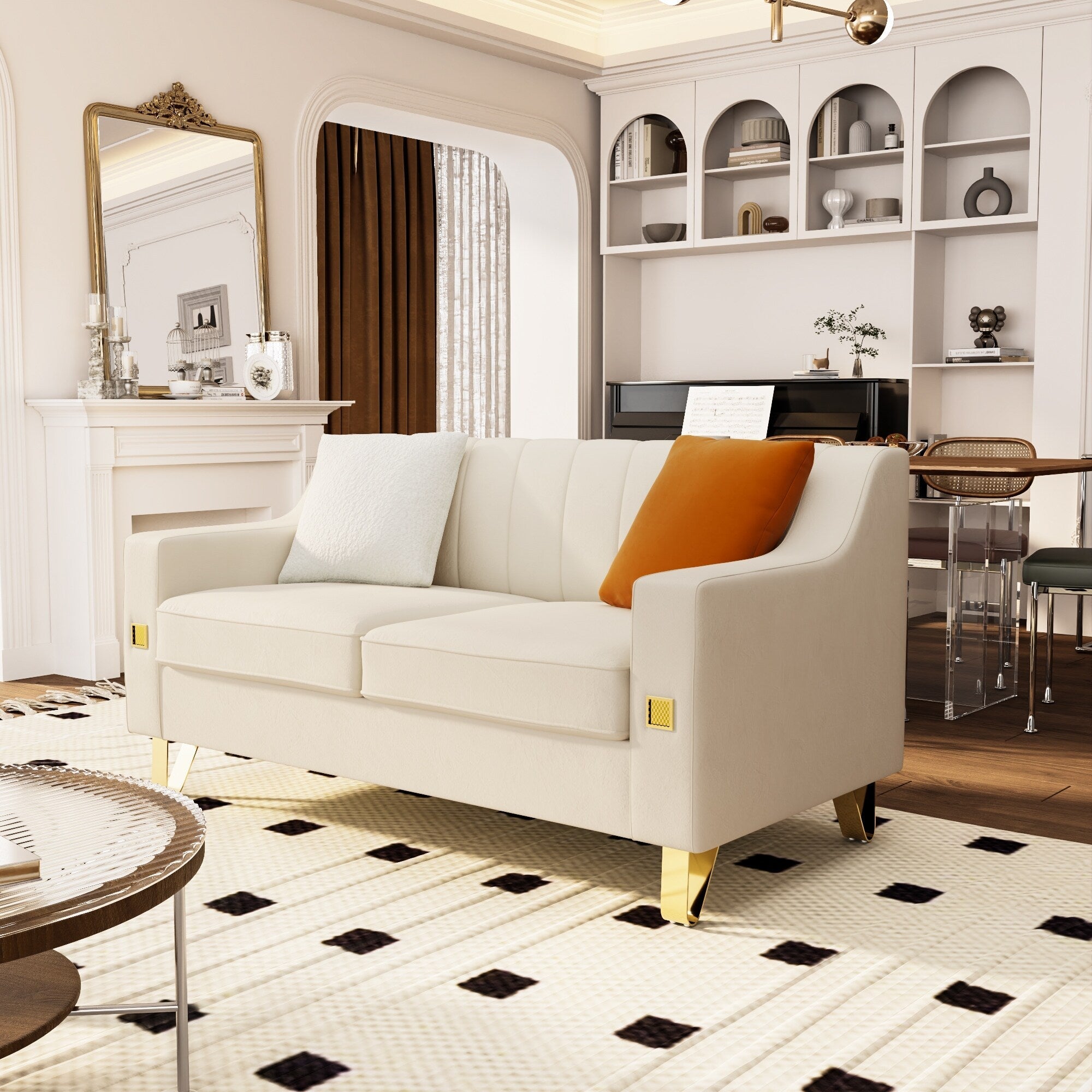 Canapé causeuse en velours beige moderne avec touches dorées et coussins moelleux pour le salon