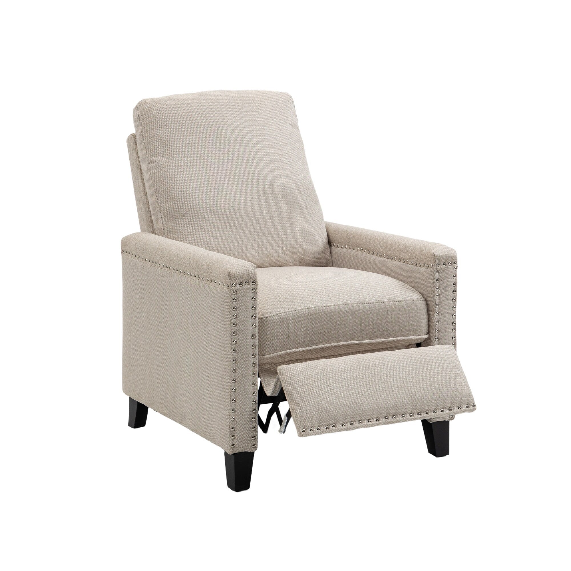 Fauteuil inclinable manuel en velours beige moderne avec coussins et décoration cloutée