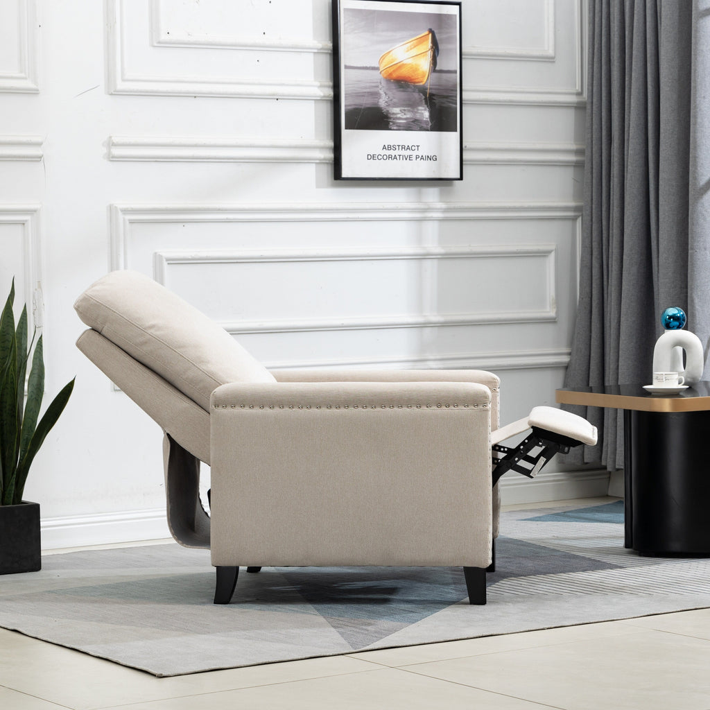 Fauteuil inclinable manuel en velours beige moderne avec coussins et décoration cloutée
