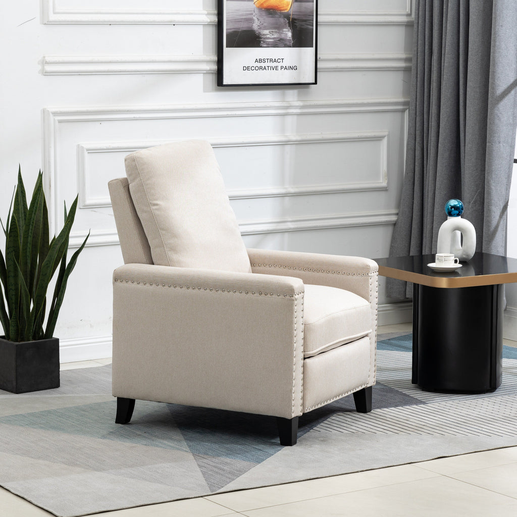 Fauteuil inclinable manuel en velours beige moderne avec coussins et décoration cloutée
