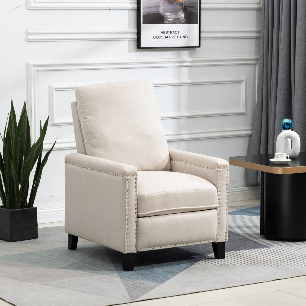 Fauteuil inclinable manuel en velours beige moderne avec coussins et décoration cloutée