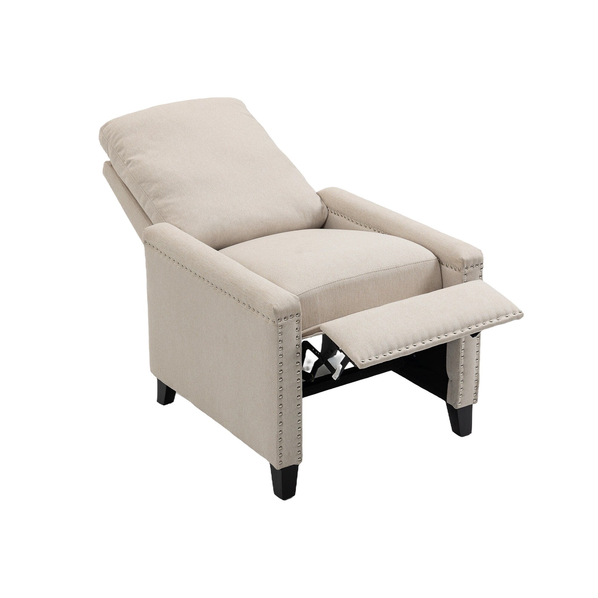 Fauteuil inclinable manuel en velours beige moderne avec coussins et décoration cloutée