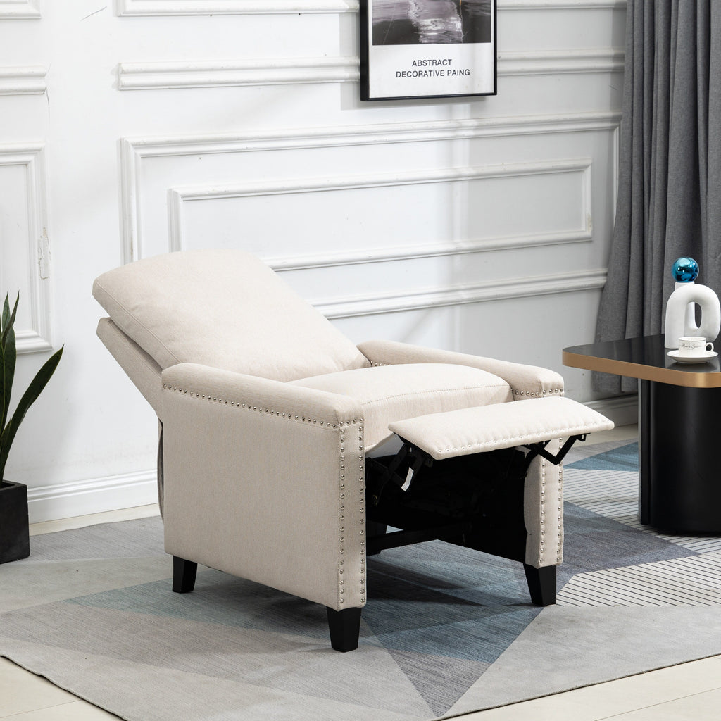 Fauteuil inclinable manuel en velours beige moderne avec coussins et décoration cloutée