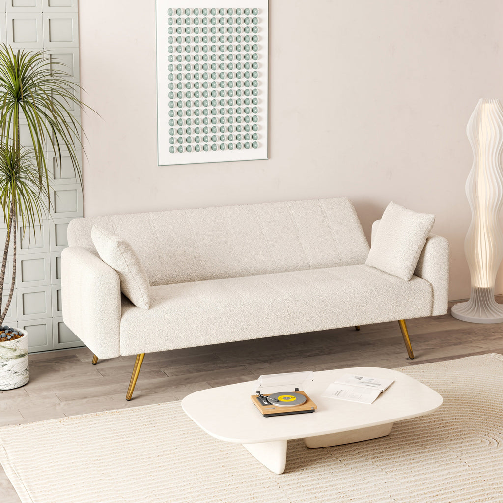 Canapé-lit pliant multifonctionnel beige avec pieds en métal et oreiller