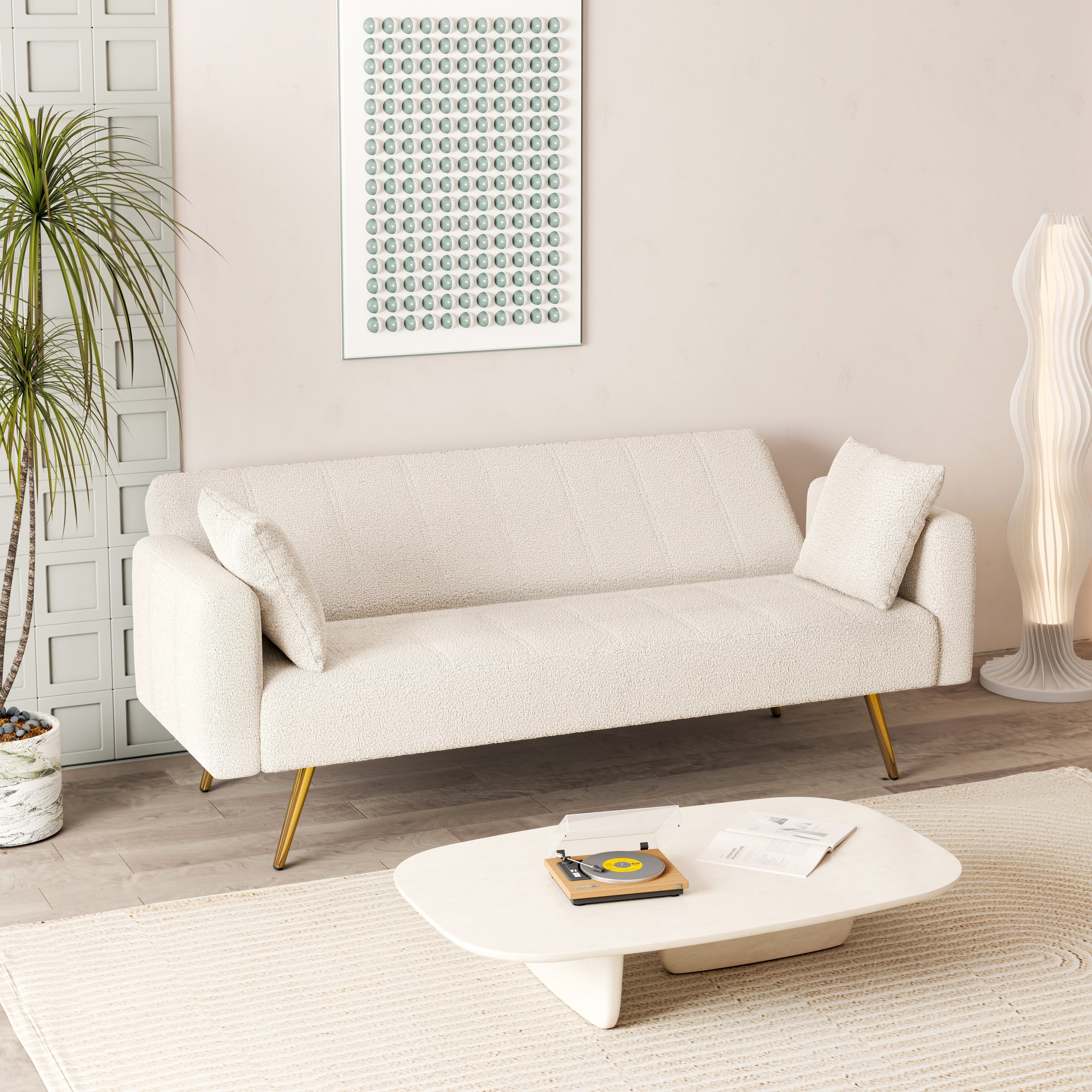 Canapé-lit pliant multifonctionnel beige avec pieds en métal et oreiller