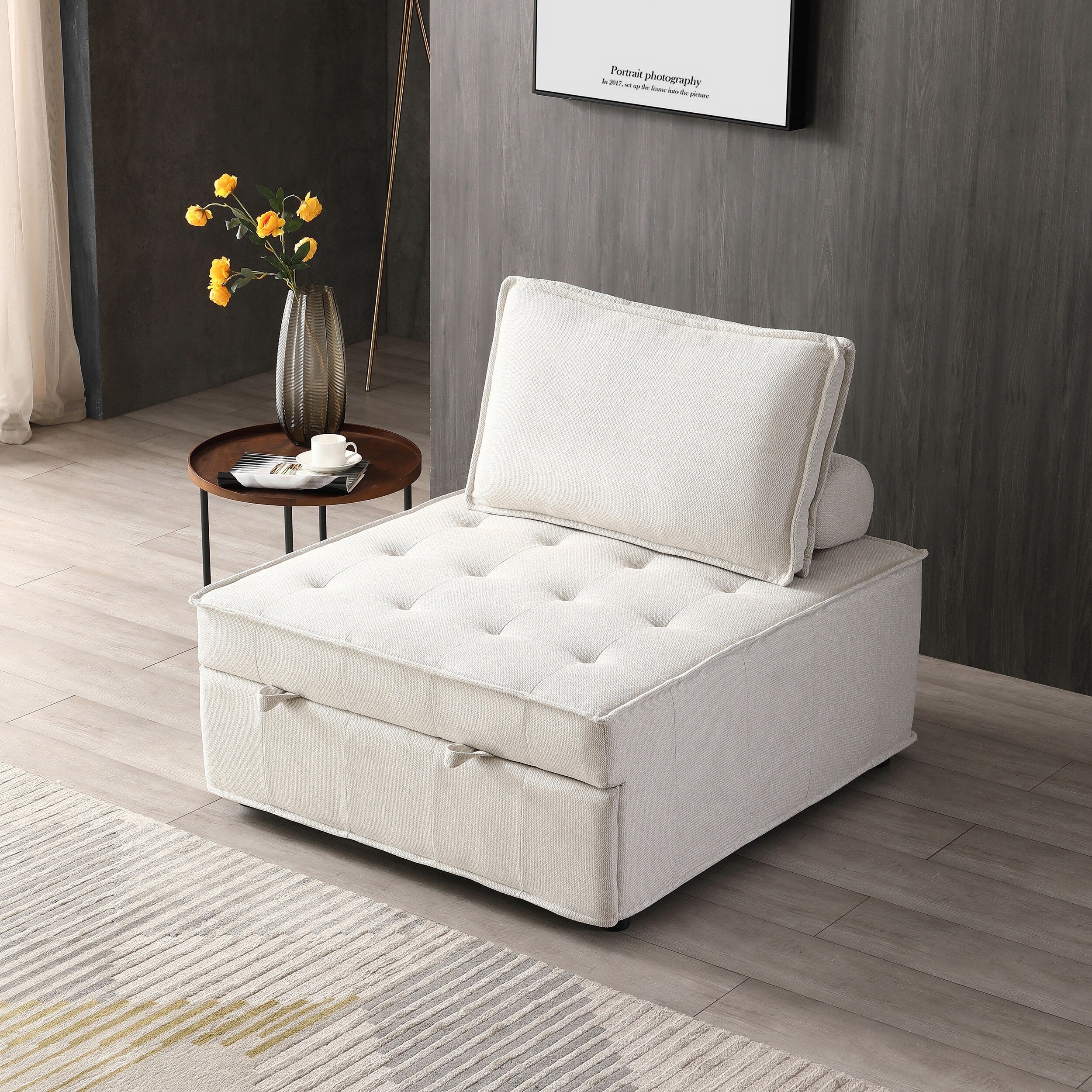 Canapé-lit gigogne ottoman beige avec dossier réglable