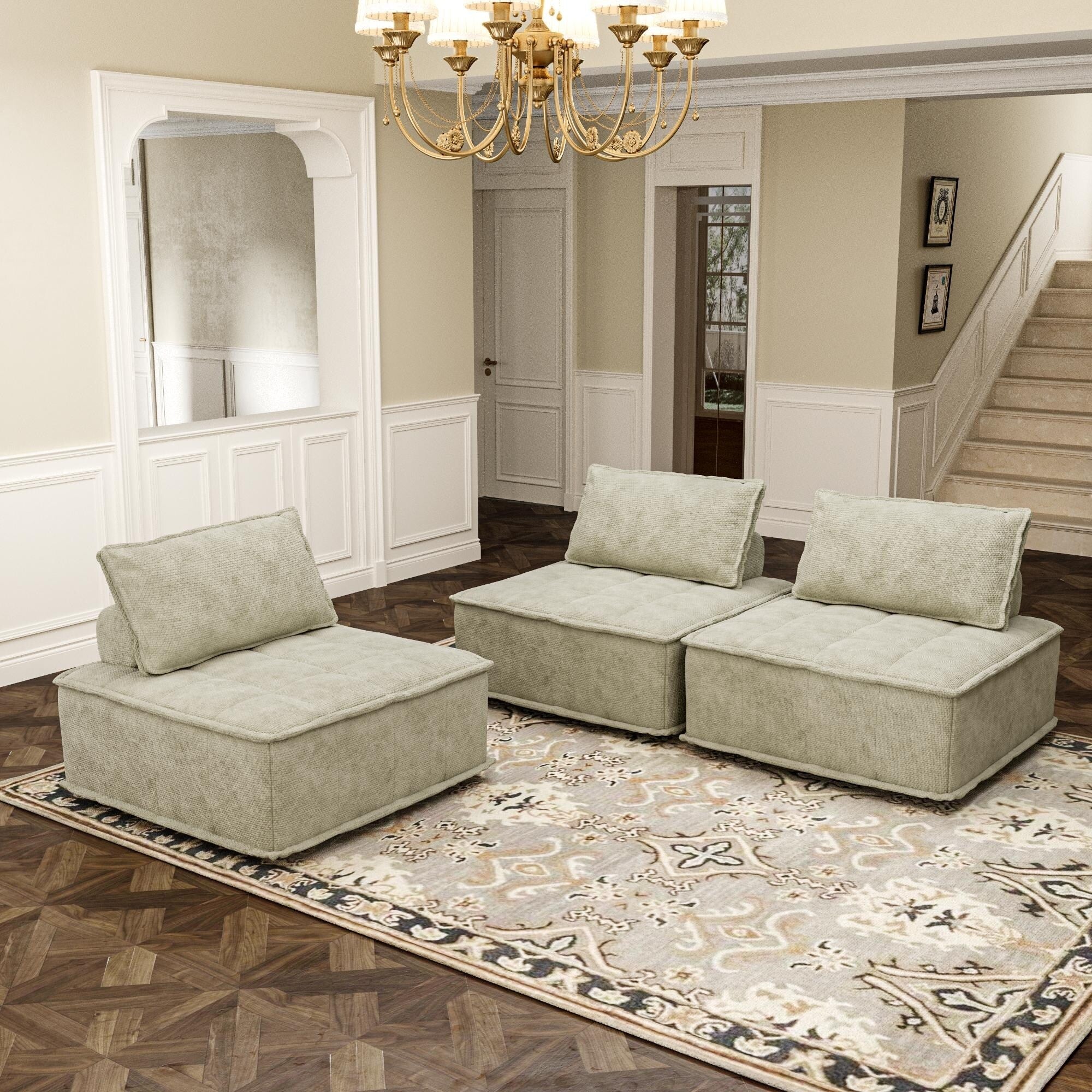 Ensemble de canapés modulaires carrés beiges surdimensionnés 3 pièces en chenille avec coussins en mousse haute densité, combinaison libre