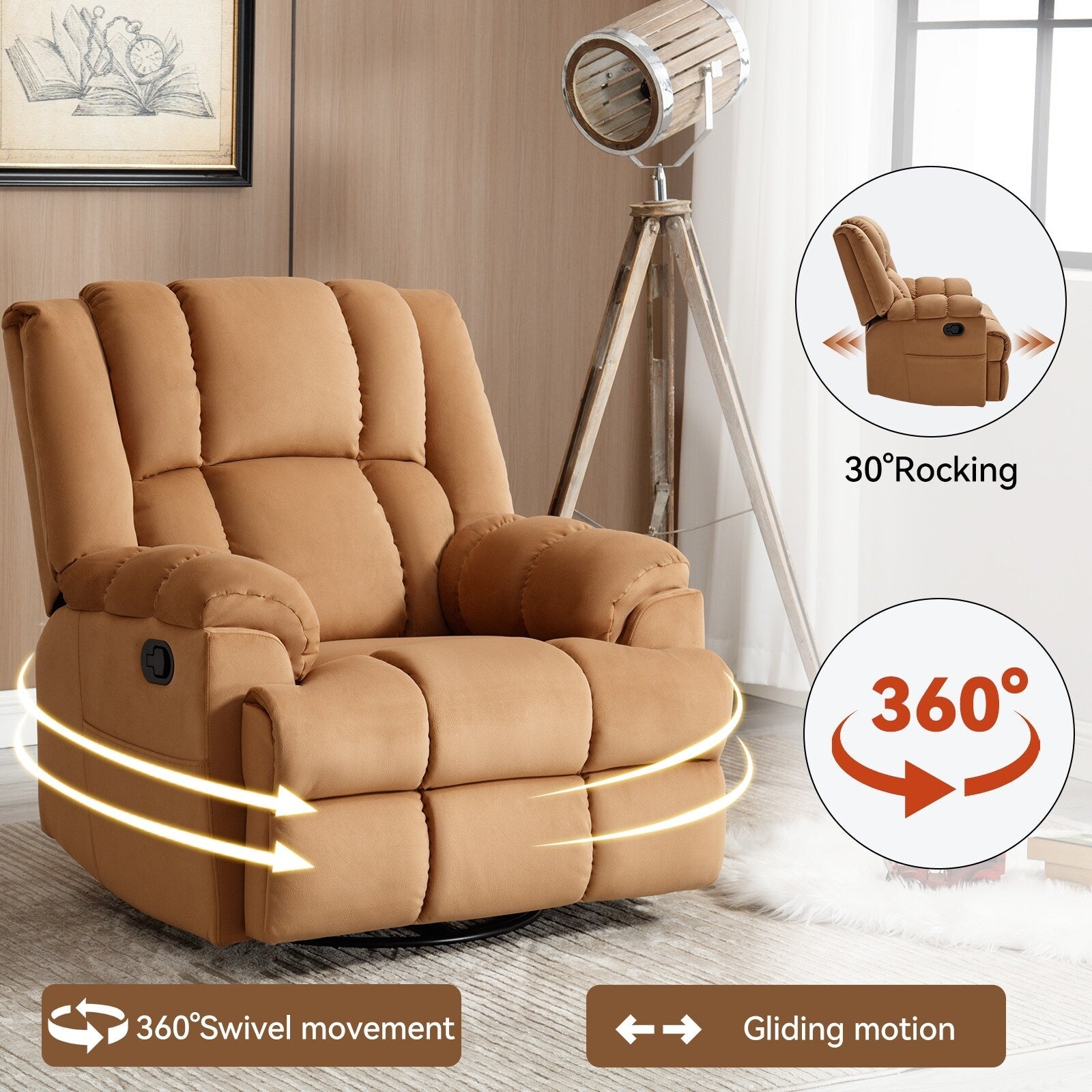 Fauteuil inclinable pivotant à 360° surdimensionné beige avec poches latérales et repose-pieds réglable