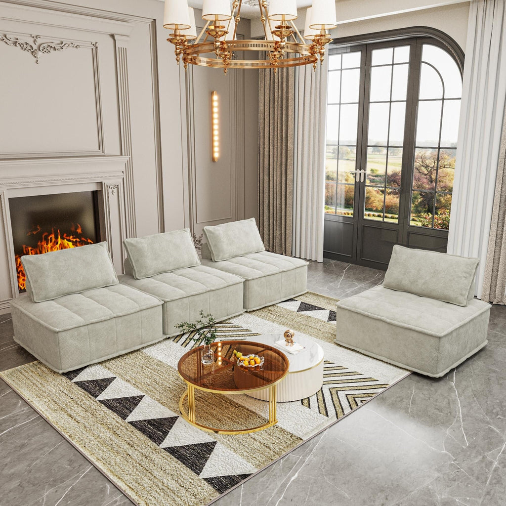 Ensemble de canapés modulaires carrés beiges surdimensionnés 4 pièces en chenille avec coussins en mousse haute densité, combinaison libre