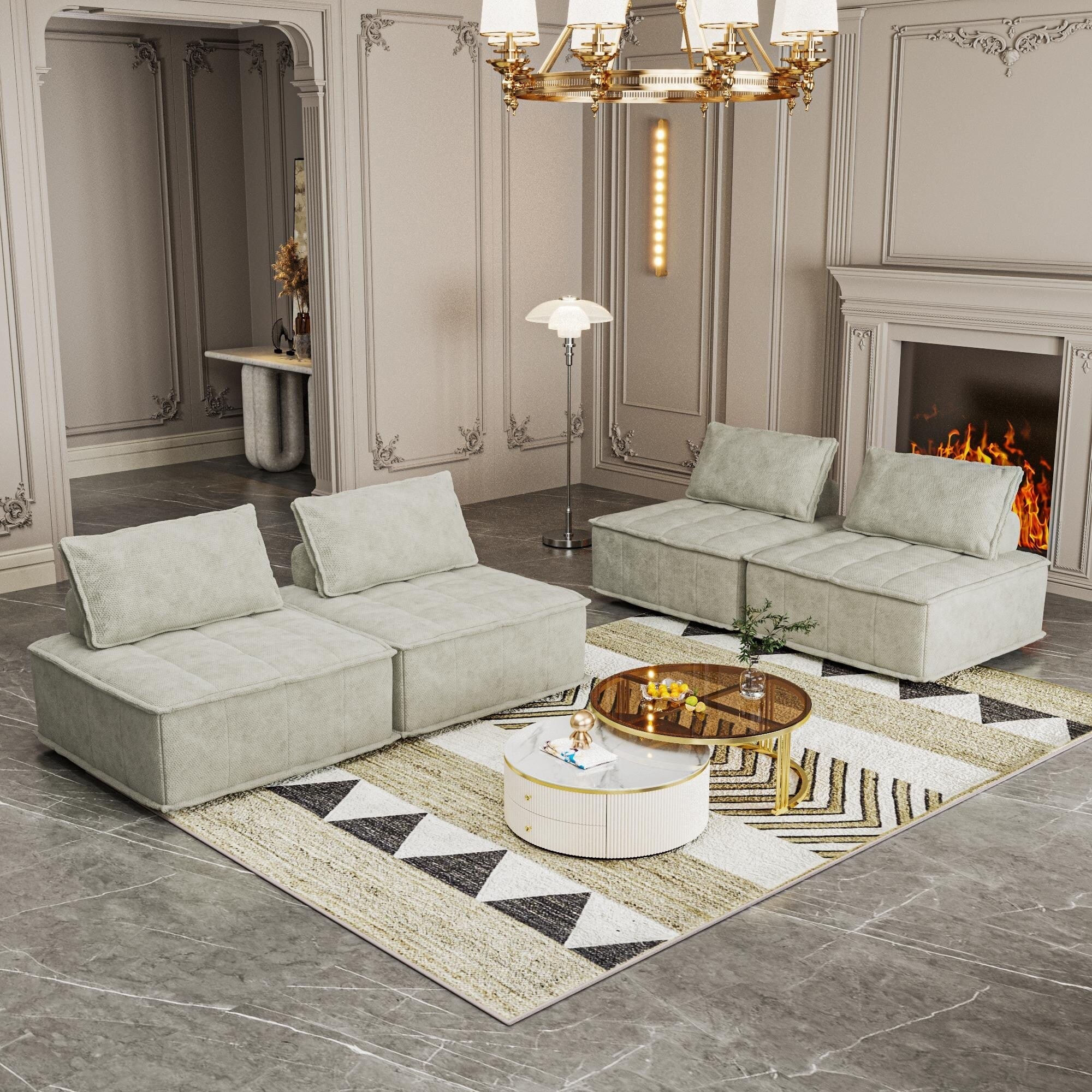 Ensemble de canapés modulaires carrés beiges surdimensionnés 4 pièces en chenille avec coussins en mousse haute densité, combinaison libre