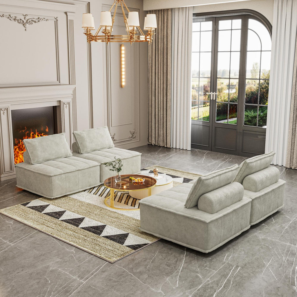Ensemble de canapés modulaires carrés beiges surdimensionnés 4 pièces en chenille avec coussins en mousse haute densité, combinaison libre