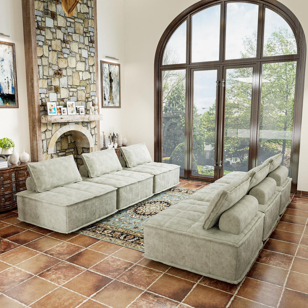 Ensemble de canapés modulaires carrés beiges surdimensionnés de 6 pièces en chenille avec coussins en mousse haute densité, combinaison libre