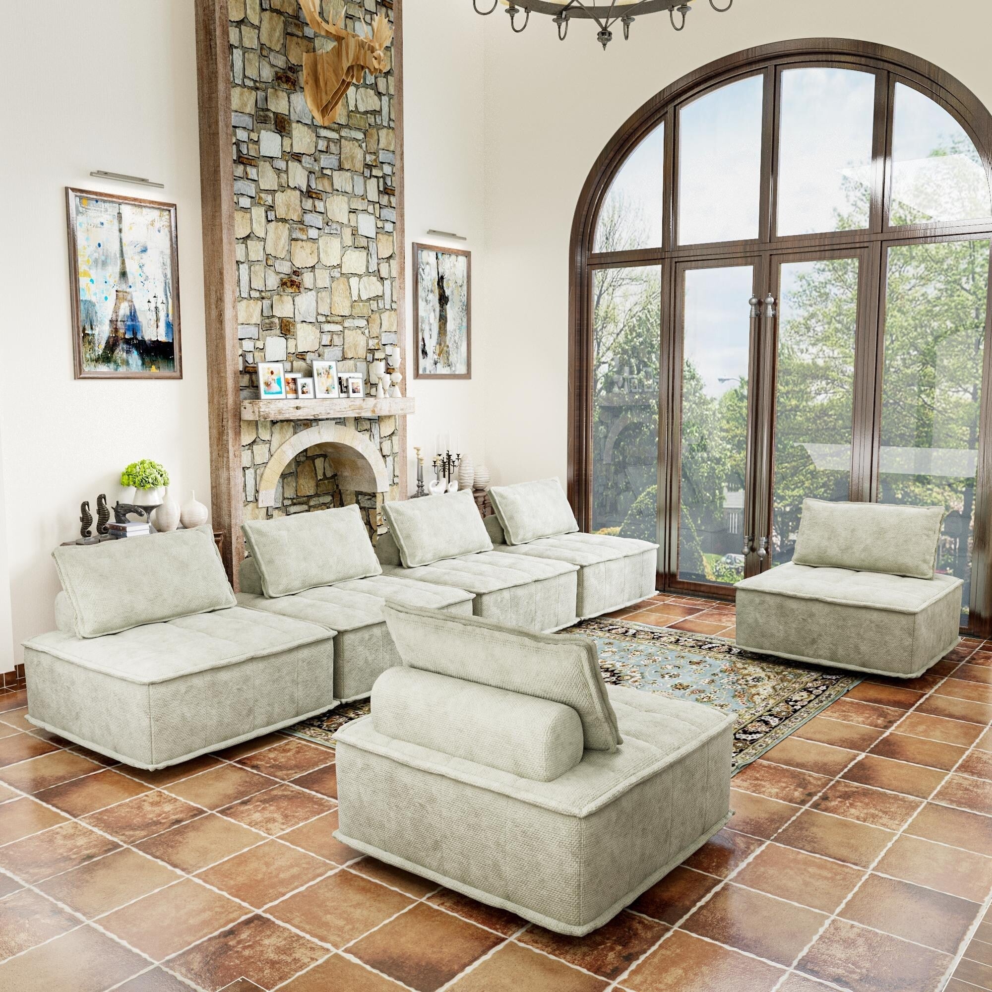 Ensemble de canapés modulaires carrés beiges surdimensionnés de 6 pièces en chenille avec coussins en mousse haute densité, combinaison libre