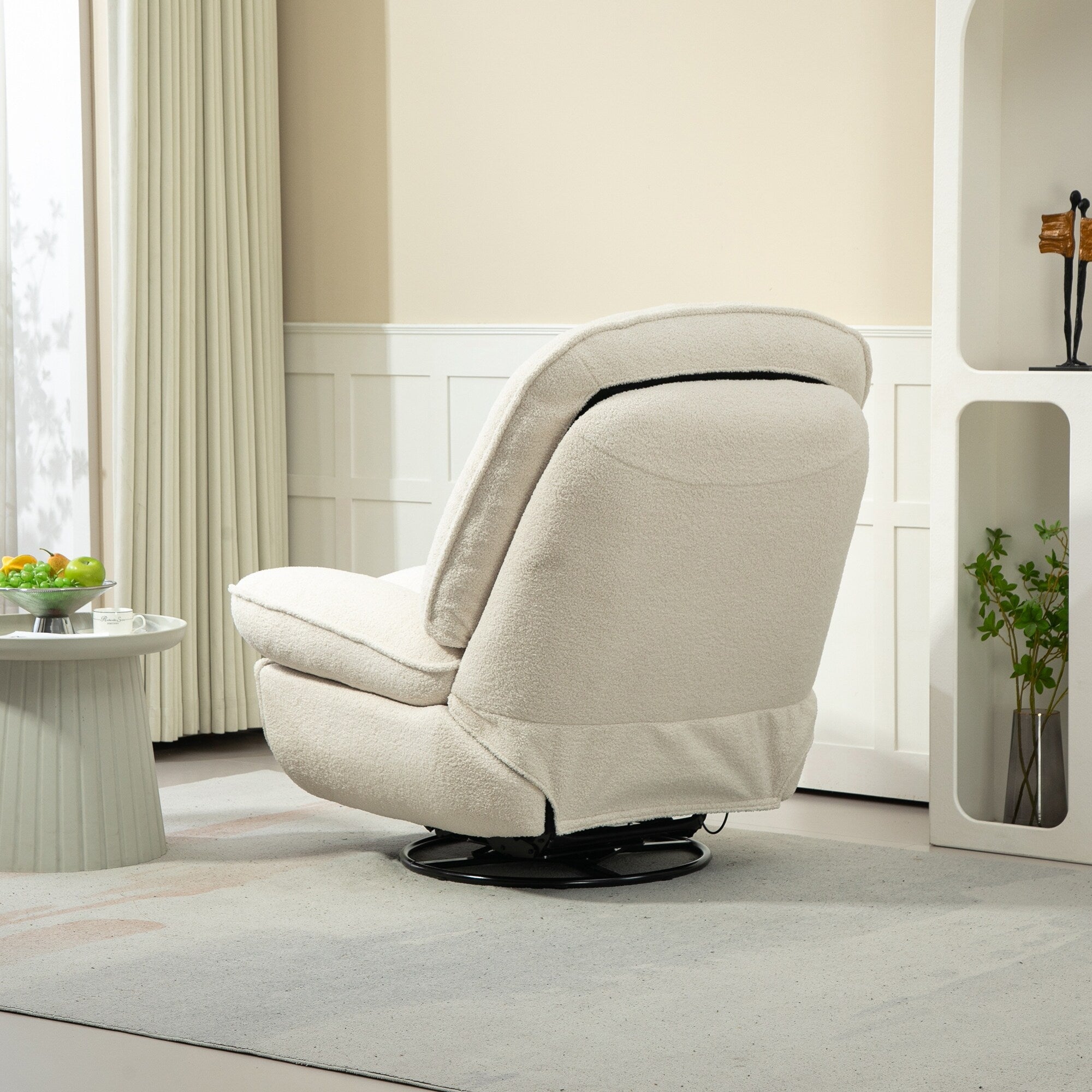 Fauteuil inclinable manuel pivotant à 360°, rembourré en chenille beige surdimensionnée avec repose-pieds allongé et dossier capitonné