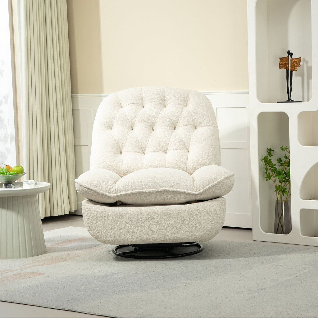 Fauteuil inclinable manuel pivotant à 360°, rembourré en chenille beige surdimensionnée avec repose-pieds allongé et dossier capitonné