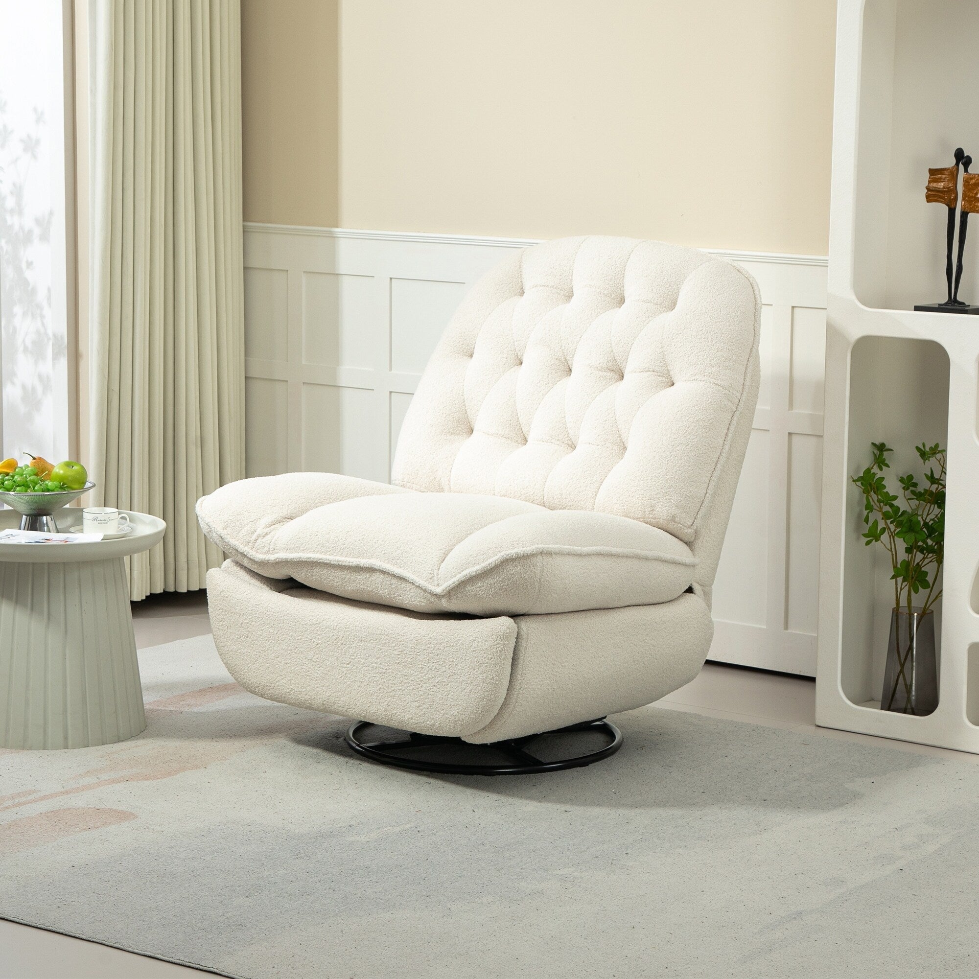 Fauteuil inclinable manuel pivotant à 360°, rembourré en chenille beige surdimensionnée avec repose-pieds allongé et dossier capitonné