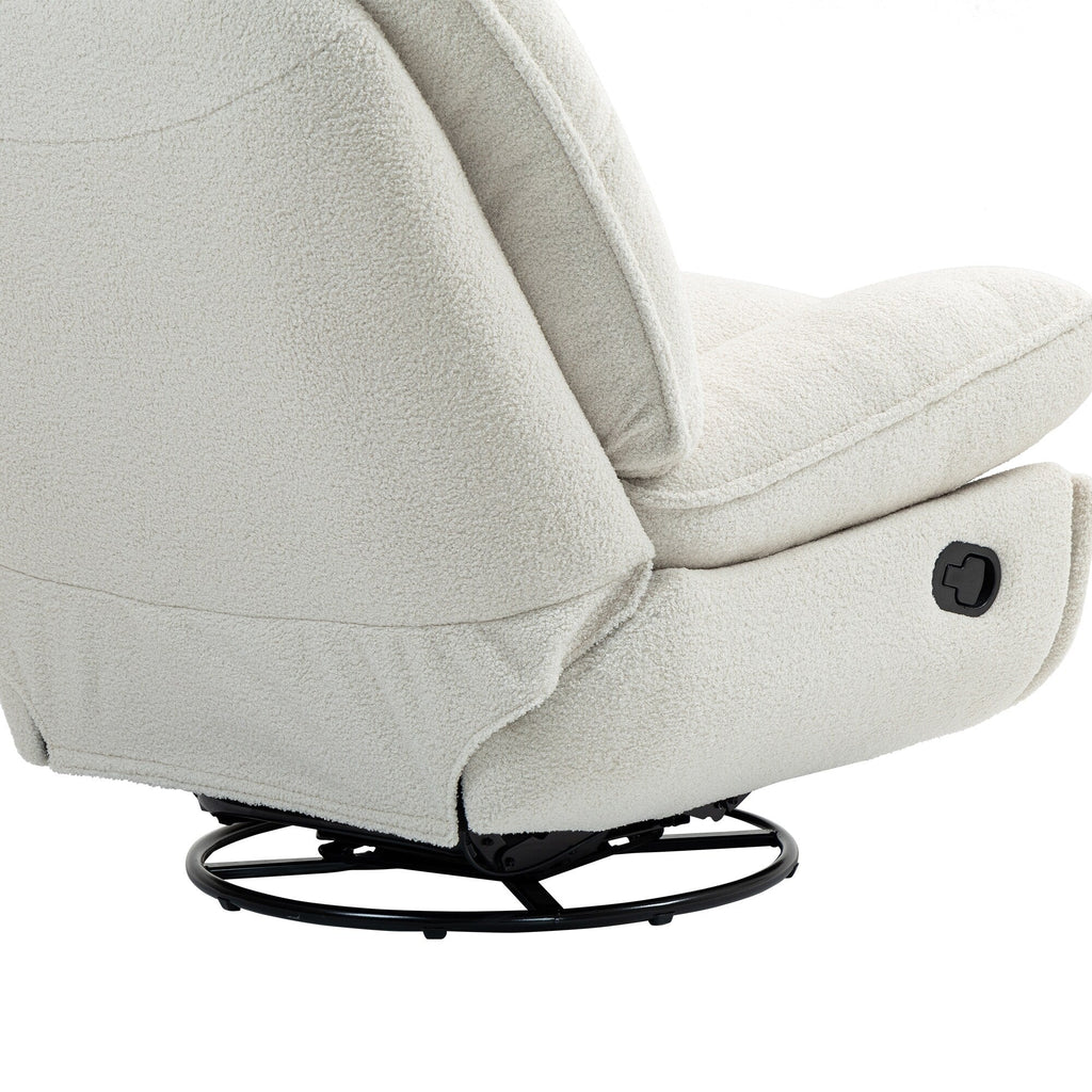 Fauteuil inclinable manuel pivotant à 360°, rembourré en chenille beige surdimensionnée avec repose-pieds allongé et dossier capitonné