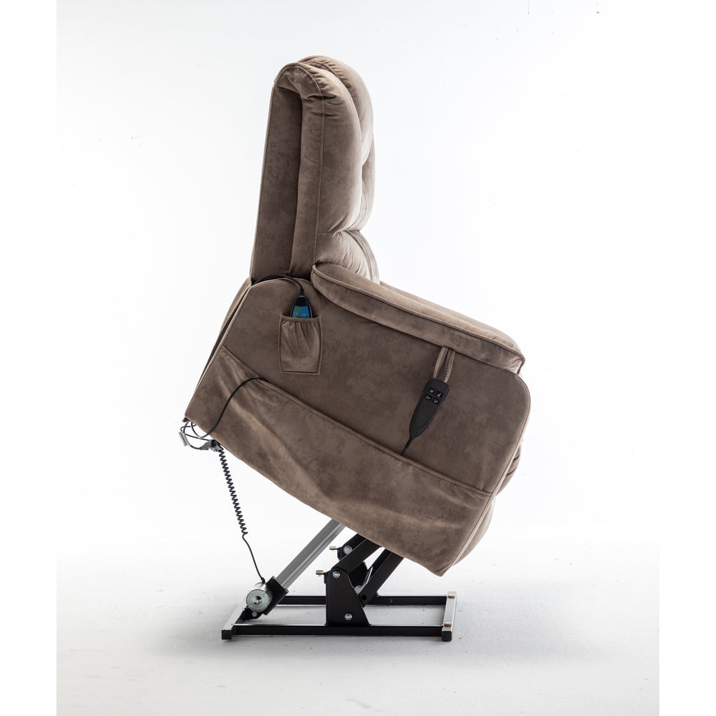 Fauteuil inclinable électrique surdimensionné beige avec moteur OKIN, relevage à plat à 180°, assise extra-large et poches de rangement