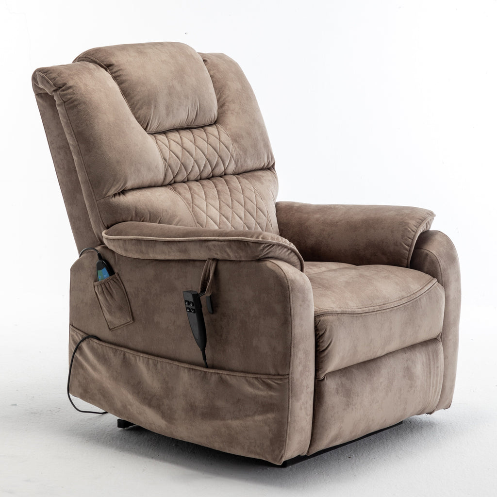 Fauteuil inclinable électrique surdimensionné beige avec moteur OKIN, relevage à plat à 180°, assise extra-large et poches de rangement