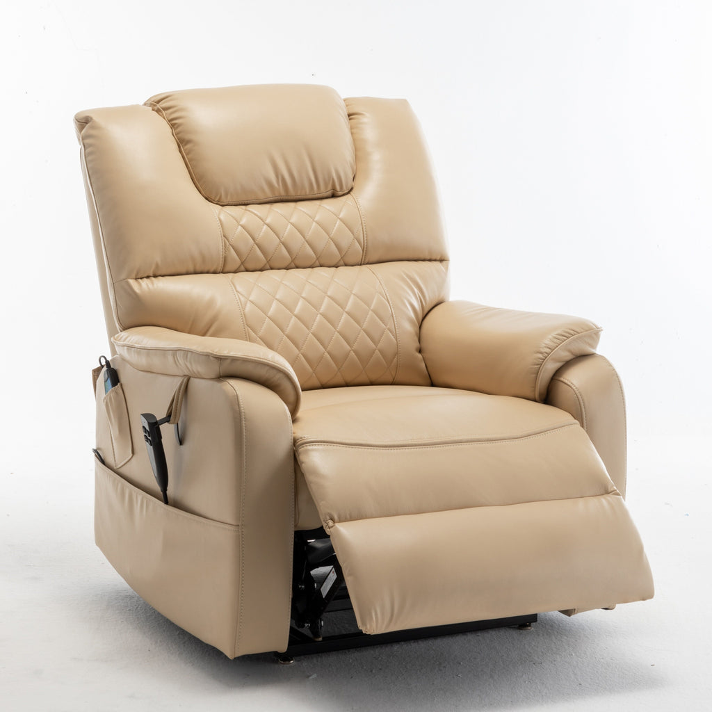 Fauteuil inclinable électrique surdimensionné beige avec moteur OKIN, relevage à plat à 180°, assise extra-large et poches de rangement