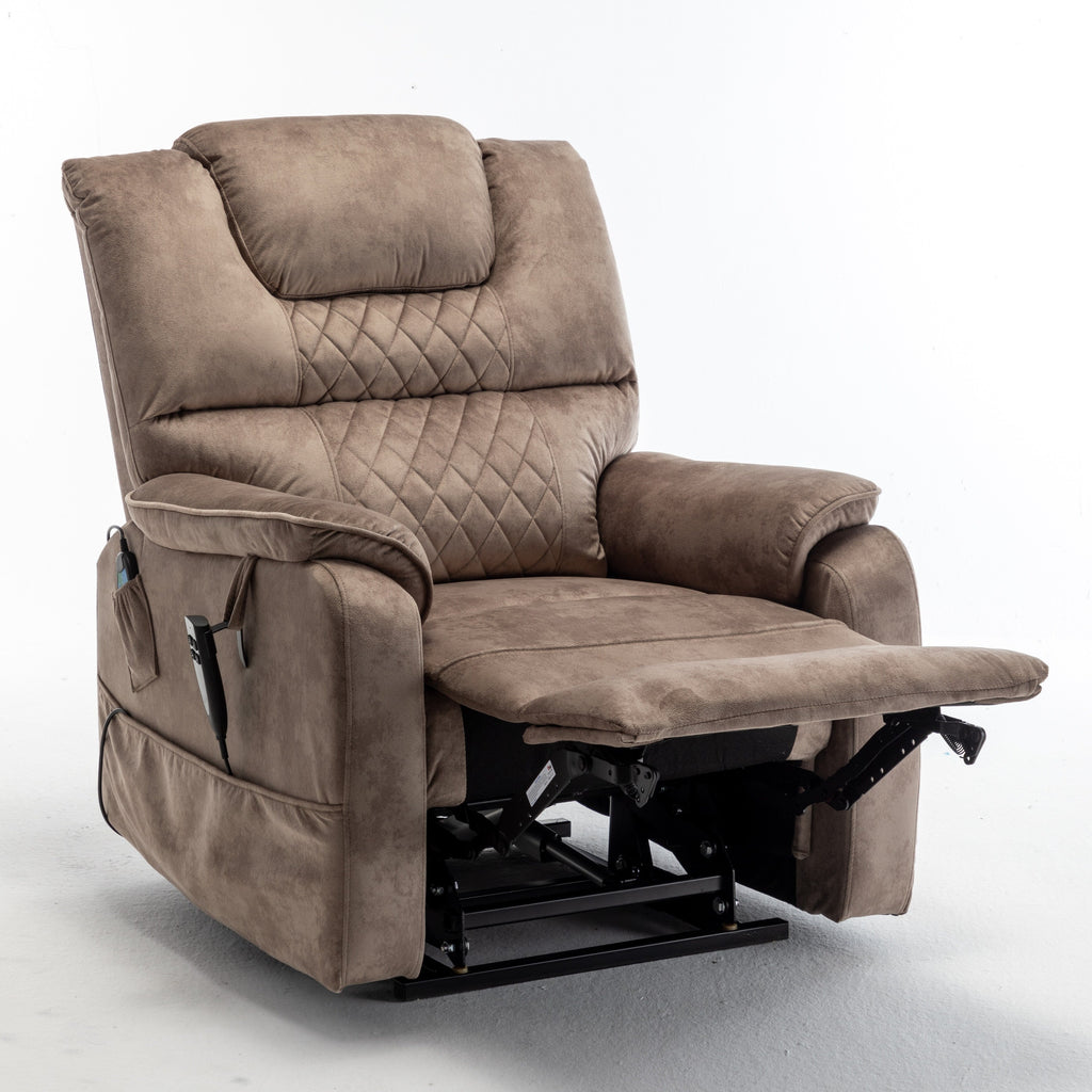 Fauteuil inclinable électrique surdimensionné beige avec moteur OKIN, relevage à plat à 180°, assise extra-large et poches de rangement