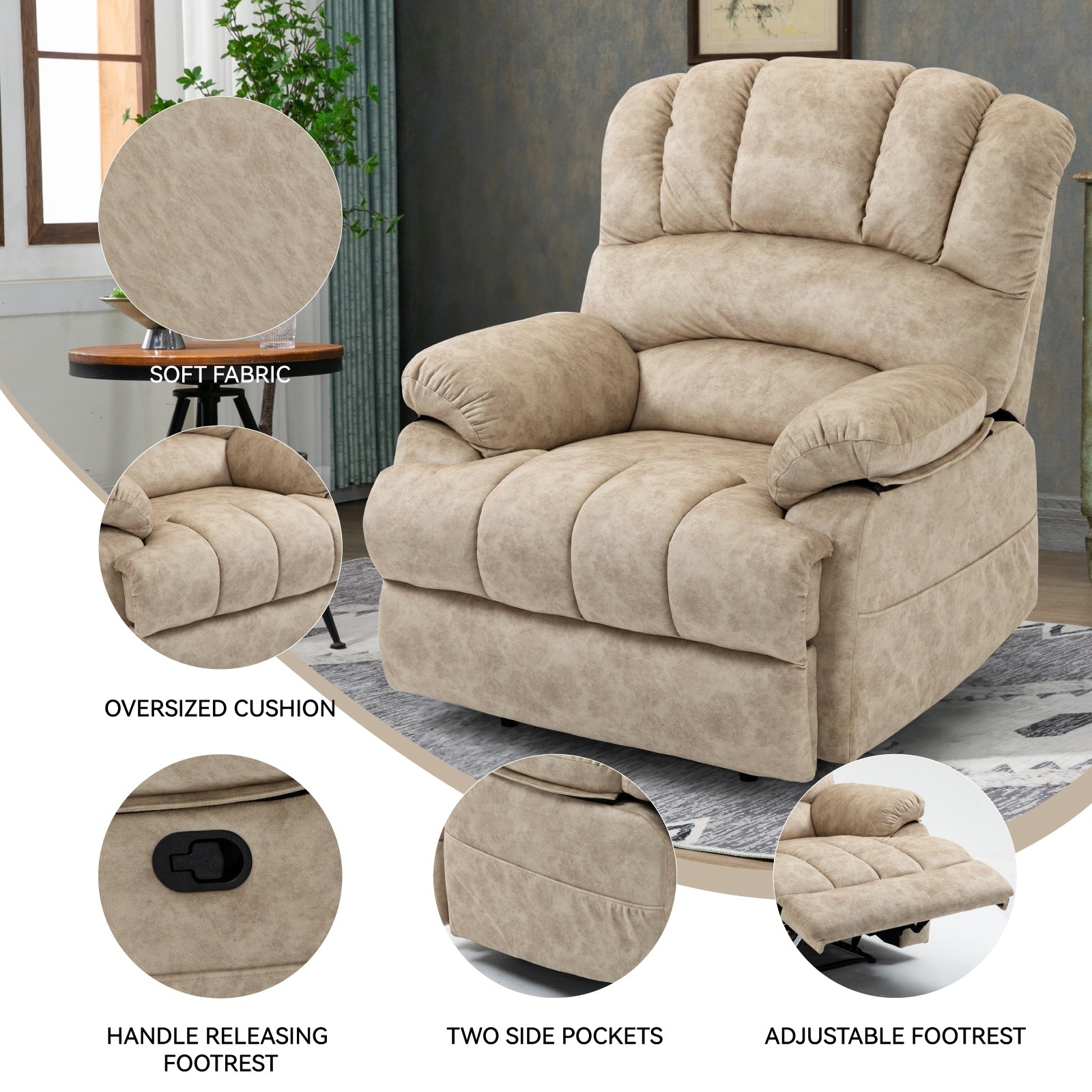 Fauteuil inclinable surdimensionné en tissu beige avec inclinaison manuelle