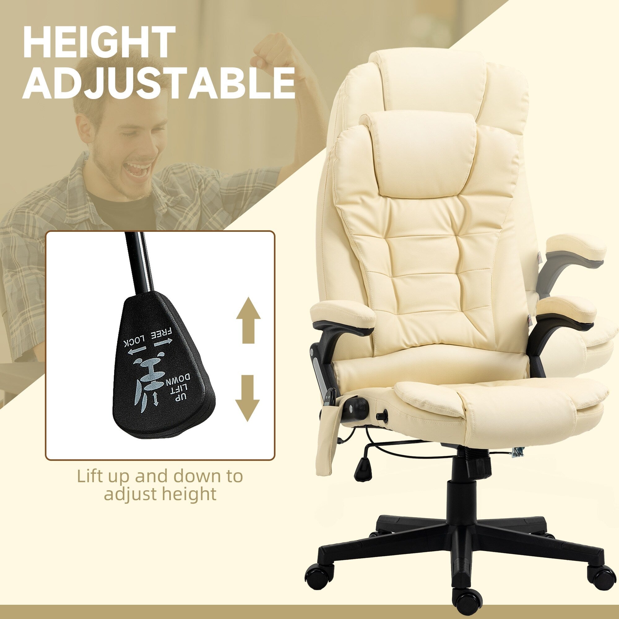 Fauteuil de bureau inclinable pivotant à 360° en cuir PU beige avec dossier haut, massage par vibrations, chauffage lombaire et hauteur réglable