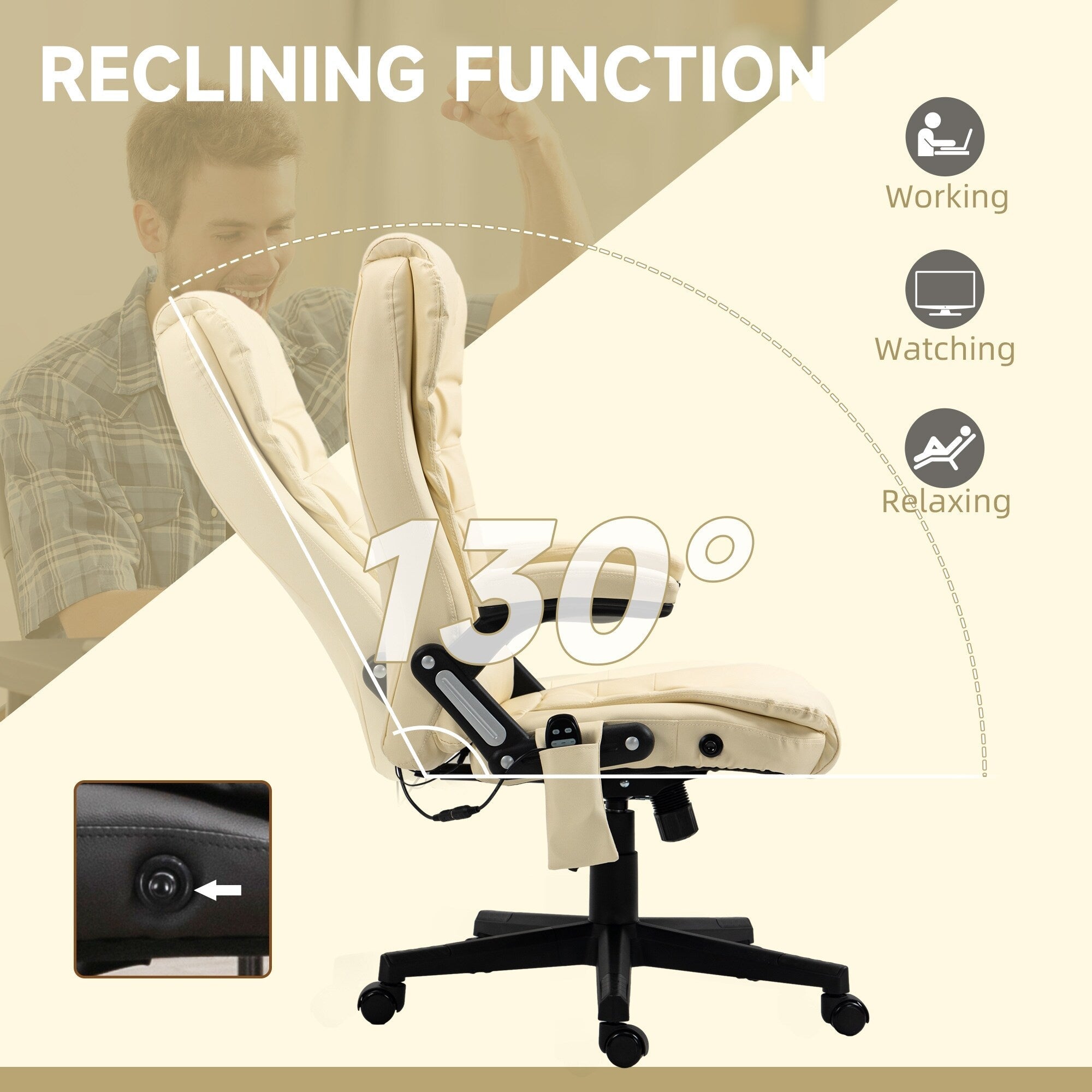 Fauteuil de bureau inclinable pivotant à 360° en cuir PU beige avec dossier haut, massage par vibrations, chauffage lombaire et hauteur réglable
