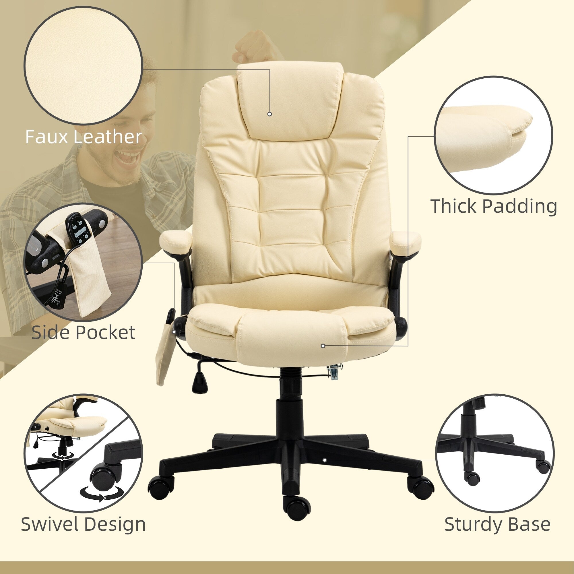 Fauteuil de bureau inclinable pivotant à 360° en cuir PU beige avec dossier haut, massage par vibrations, chauffage lombaire et hauteur réglable