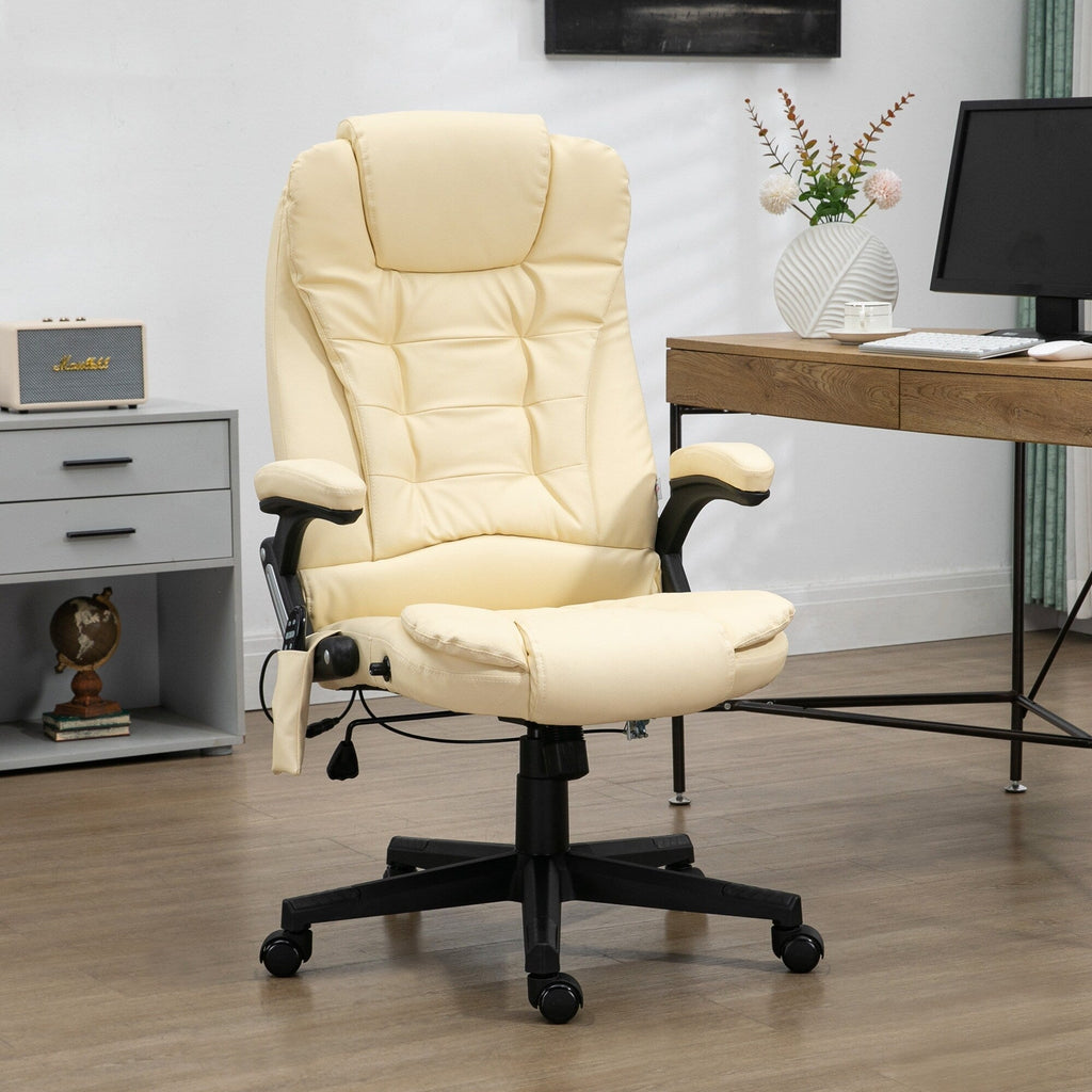 Fauteuil de bureau inclinable pivotant à 360° en cuir PU beige avec dossier haut, massage par vibrations, chauffage lombaire et hauteur réglable