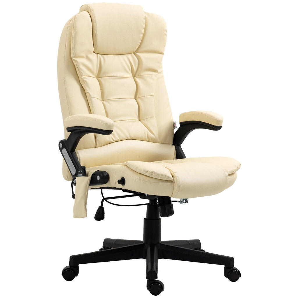 Fauteuil de bureau inclinable pivotant à 360° en cuir PU beige avec dossier haut, massage par vibrations, chauffage lombaire et hauteur réglable