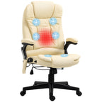 Fauteuil de bureau inclinable pivotant à 360° en cuir PU beige avec dossier haut, massage par vibrations, chauffage lombaire et hauteur réglable