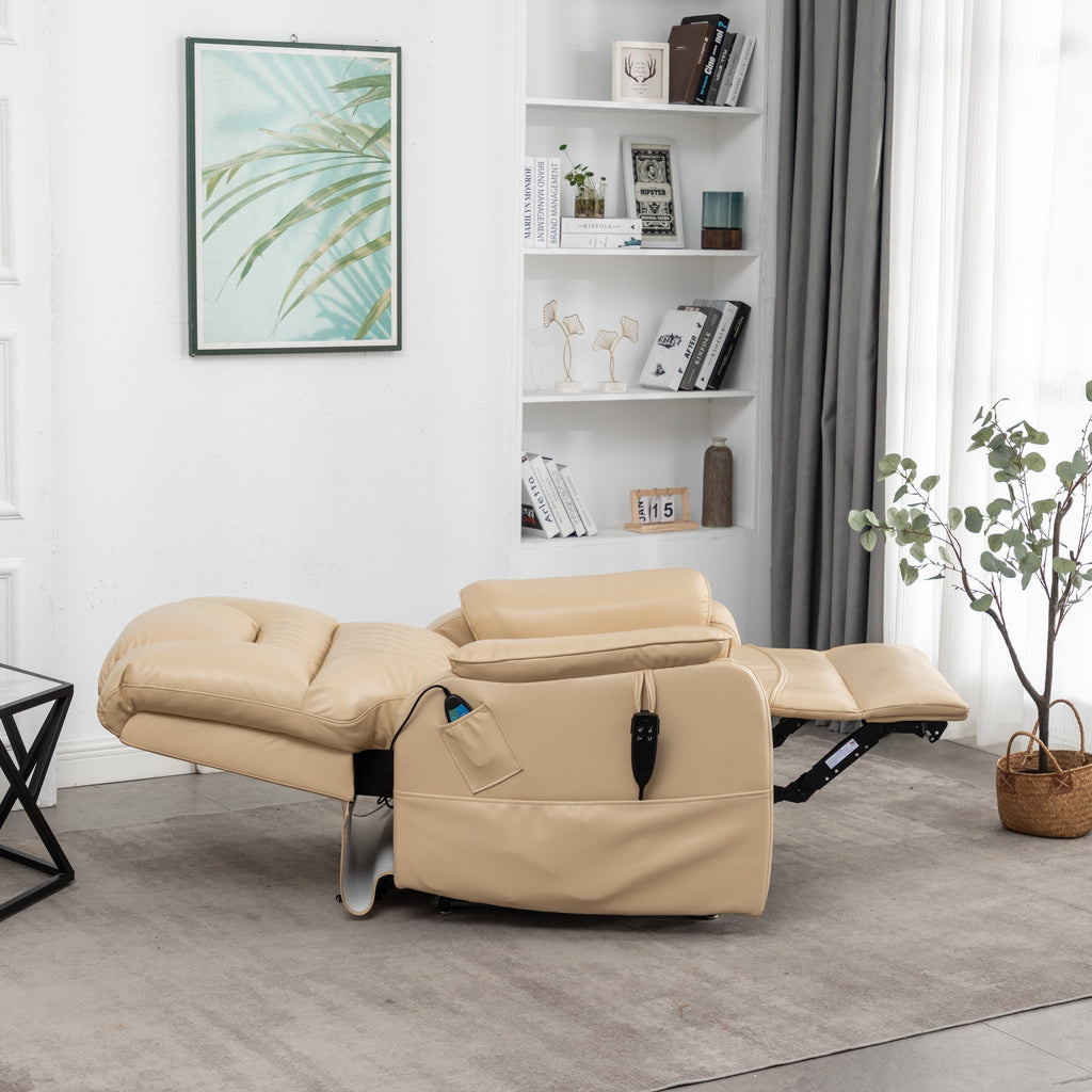 Fauteuil inclinable électrique en cuir PU beige, massage, pose à plat