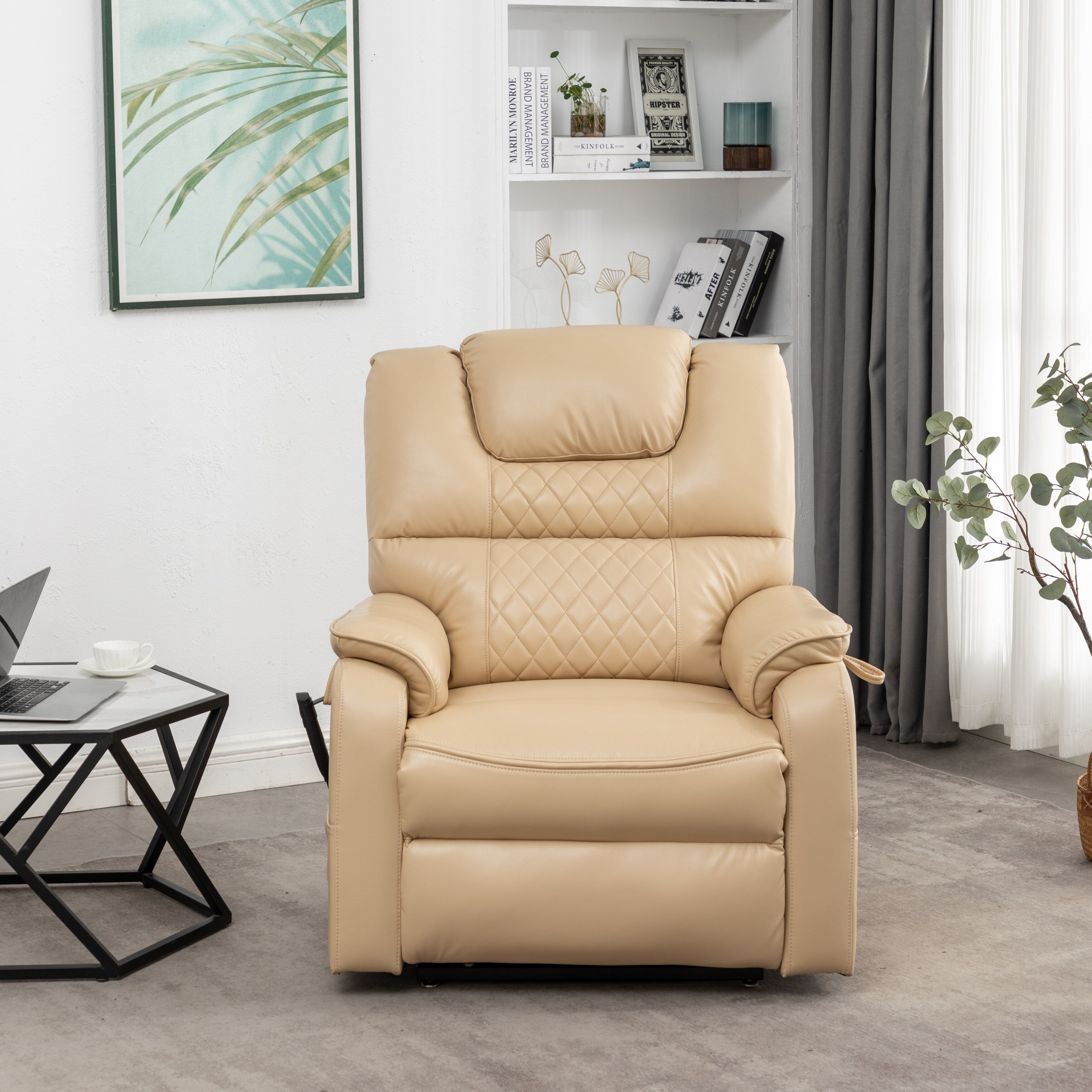 Fauteuil inclinable électrique en cuir PU beige, massage, pose à plat