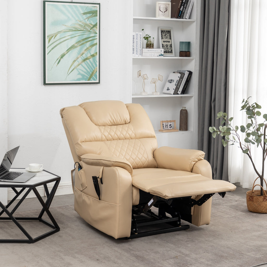 Fauteuil inclinable électrique en cuir PU beige, massage, pose à plat