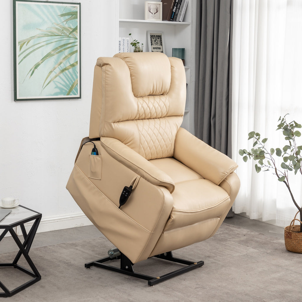 Fauteuil inclinable électrique en cuir PU beige, massage, pose à plat