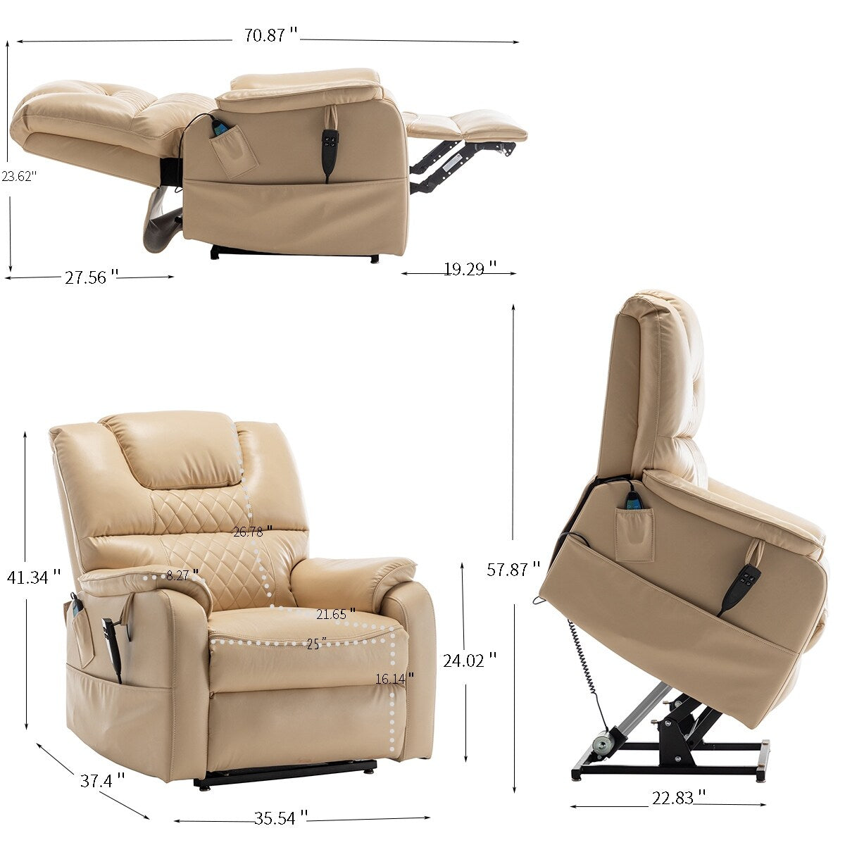 Fauteuil inclinable électrique en cuir PU beige, massage, pose à plat